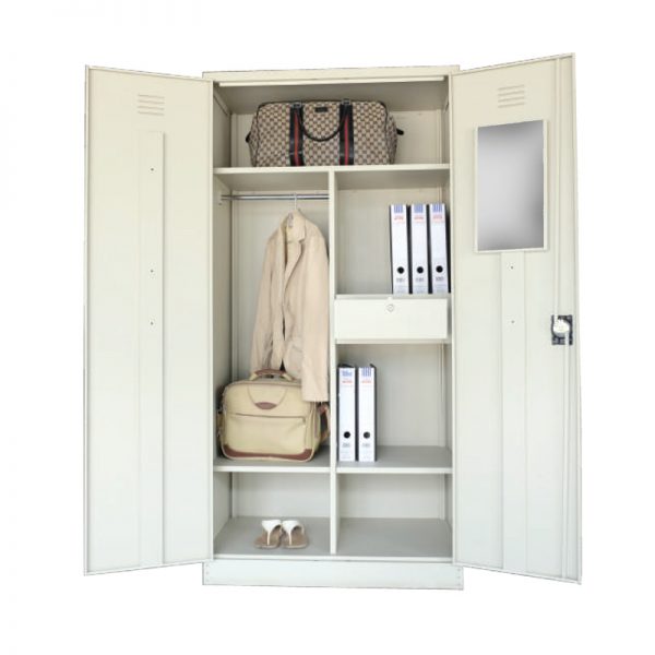 Full Height Wardrobe with Steel Swinging Door c/w 1 Cloth Hanging Bar, 3 Fix Shelves, 1 Drawer with Camlock & 1 Mirror